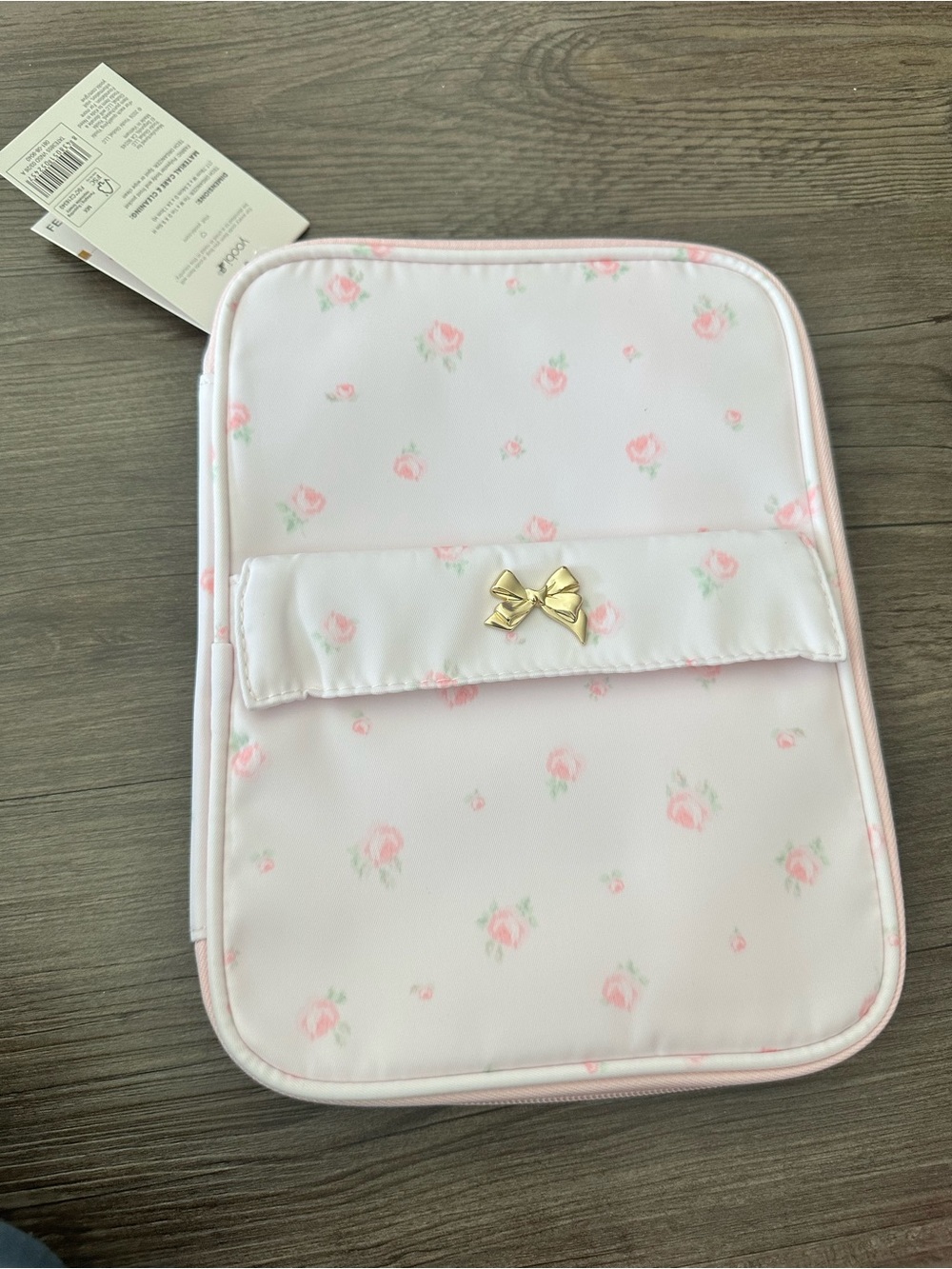 LoveShackFancy Pink Floral Zip Pouch with Gold Bow Charm